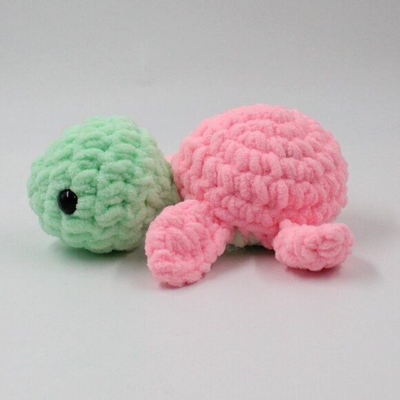 Plush Polyester Pink and Green Crochet Amigurumi Turtle - Picture 4 of 6